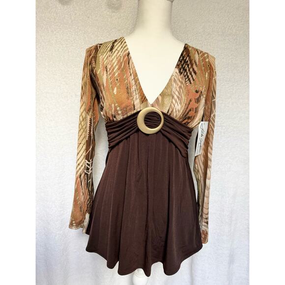 NWT Vintage 1990's Linda Segal Brown V Neck Long Sleeve Top Women's Medium - Picture 8 of 9